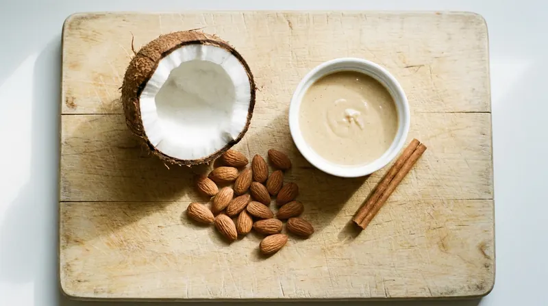 Halved coconut beside a heap of raw almonds, a dish of almond butter and a cinnamon stick