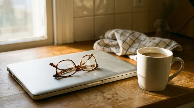 Folded reading glasses resting on a closed laptop beside a mug on the kitchen counter