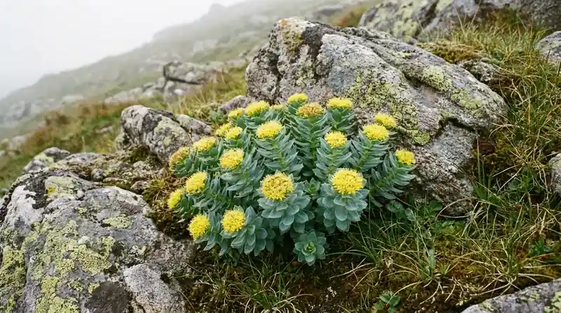 Yellow-flowered rhodiola growing between grey lichen-covered rocks on a cool mountain slope