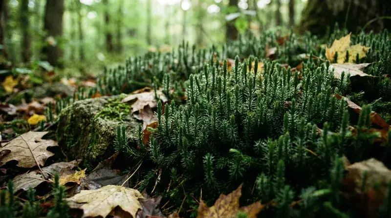 Club moss carpeting a damp forest floor with upright scaly shoots and fallen leaves