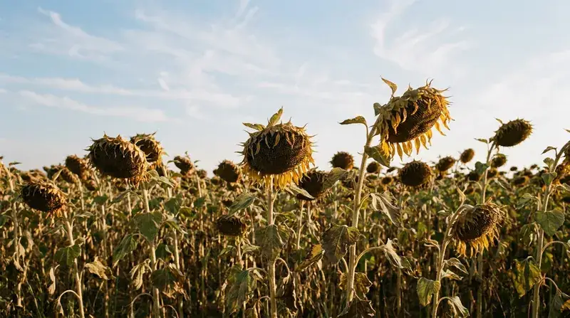 Sunflower heads heavy with seed in a late summer field under a pale sky