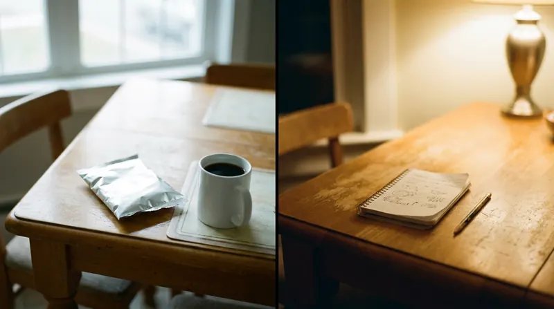 Morning and evening on one table, split: an empty foil sachet by the coffee, then a notebook under the lamp