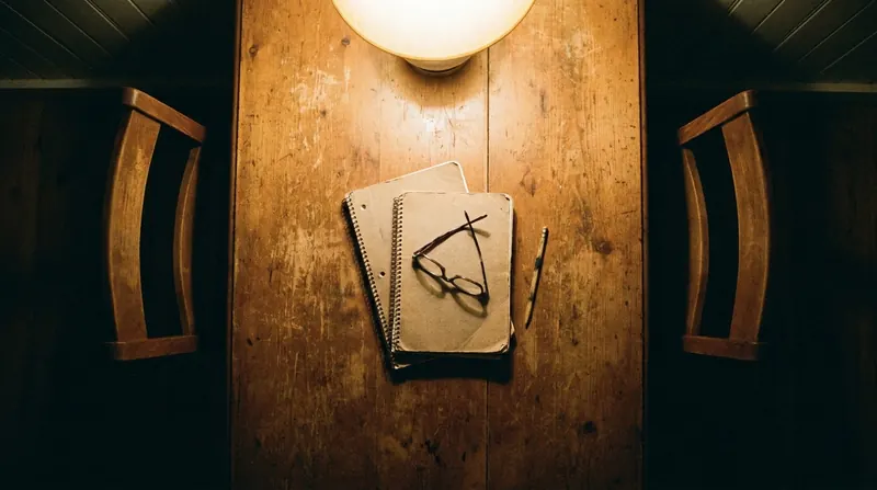 Two chairs pushed in at a lamplit table with two closed notebooks and folded reading glasses