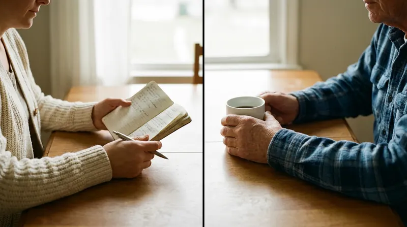 Her notebook and his coffee mug, split down the middle of the same kitchen table