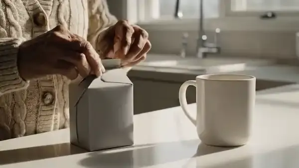 Her hands open a small grey carton on the counter and lift out a row of foil sachets