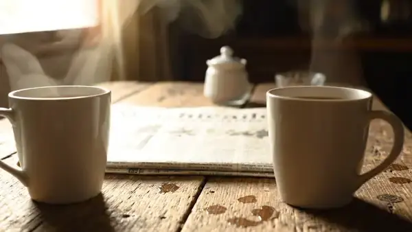 Two coffee mugs facing each other on a worn kitchen table, steam rising from both