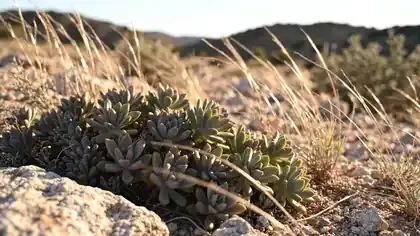 Wind crossing low grey-green succulents among pale stones in dry scrubland