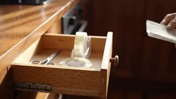 Receipt tucked into a kitchen drawer by a woman's hand, the drawer sliding closed