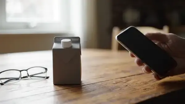 Phone held over the back of a grey carton on the table to photograph the panel